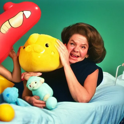 Image similar to happy woman who has given birth to a squishy inflatable toy, in hospital bed, 1974 color Fellini film, technicolor film, 16mm, wacky children's tv with anthropomorphic animal