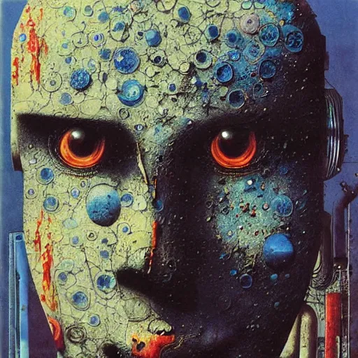 Image similar to a portrait of a diesel punk robot, high detailed beksinski painting, part by adrian ghenie and gerhard richter. art by takato yamamoto. masterpiece, deep colours, blue