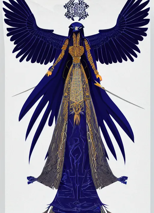 Image similar to hawk and raven headed warlock, wind magic, blue robes, exquisite details, full body character design on a white background, by studio muti