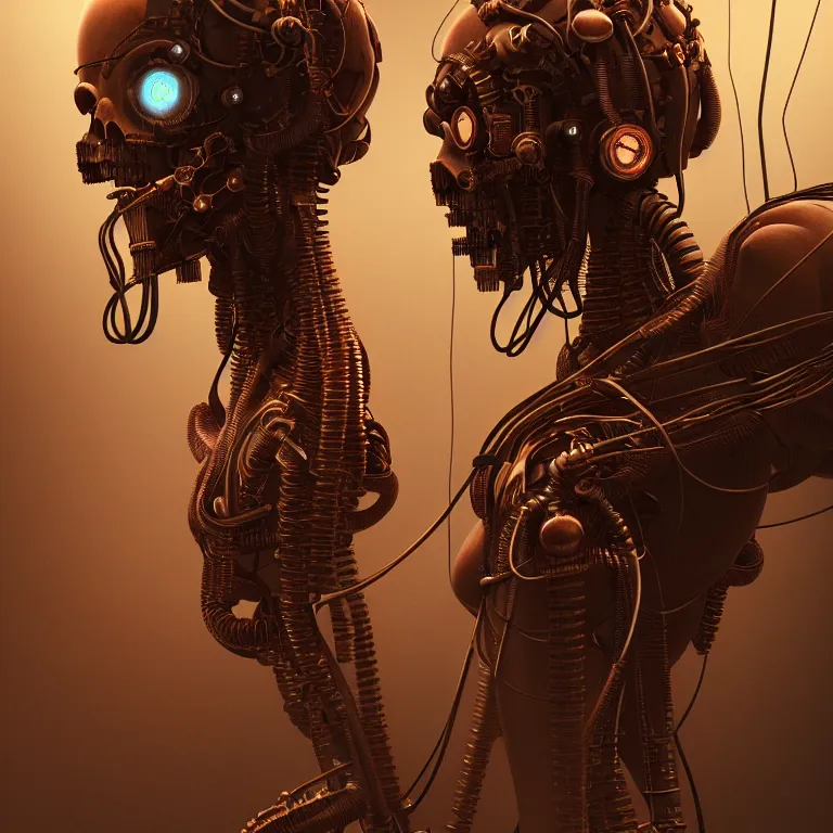 Image similar to cables steampunk computers , love death robots, beautiful detailed intricate insanely detailed octane render trending on Artstation, 8K artistic photography, photorealistic, chiaroscuro, Raphael, Caravaggio, Beksinski, Giger