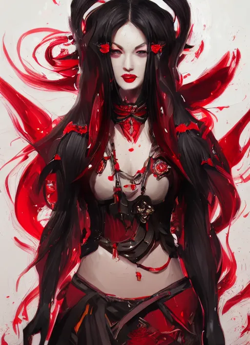 Image similar to a highly detailed illustration of beautiful long hime cut black hair woman wearing a red battle dress, red eyes, dramatic smile pose, intricate, elegant, highly detailed, centered, digital painting, artstation, concept art, smooth, sharp focus, league of legends concept art, WLOP