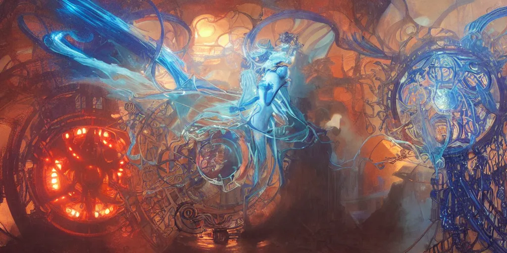 Image similar to arcs of blue flame intertwined with water, glinting particles of ice, dramatic lighting, steampunk, bright neon, holographic secret cyphers, red flowers, solar flares, intricate art by alphonse mucha and greg rutkowski