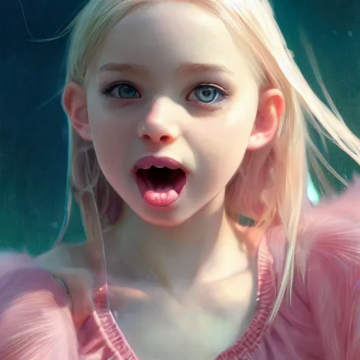 Prompt: a photorealistic dramatic fantasy render of adorable young girl, tounge out, blonde hair, blue eyes, in pink short mini skirt, by wlop, artgerm, greg rutkowski, alphonse mucha, beautiful dynamic dramatic sense of awe, lighting, shadows, cinematic atmosphere, artstation, concept design art, octane render, 8 k