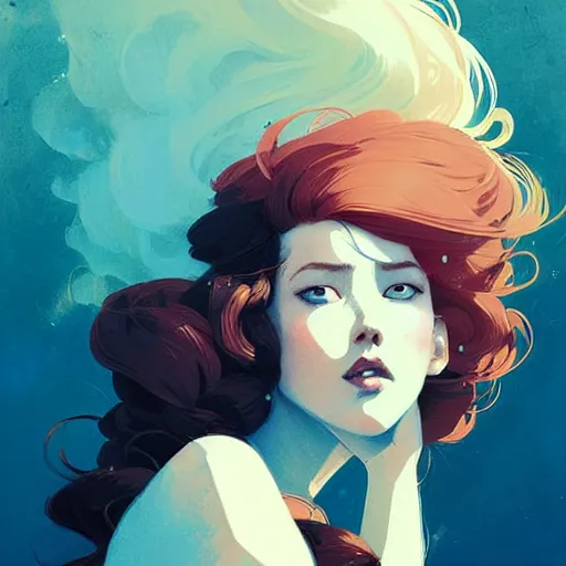 Image similar to beautiful artistic - wave highly detailed portrait female, long red hair, in a music festival, by atey ghailan, by greg rutkowski, by greg tocchini, by james gilleard, by joe fenton, by kaethe butcher, dynamic lighting, gradient light blue, brown, blonde cream and white color scheme, grunge aesthetic