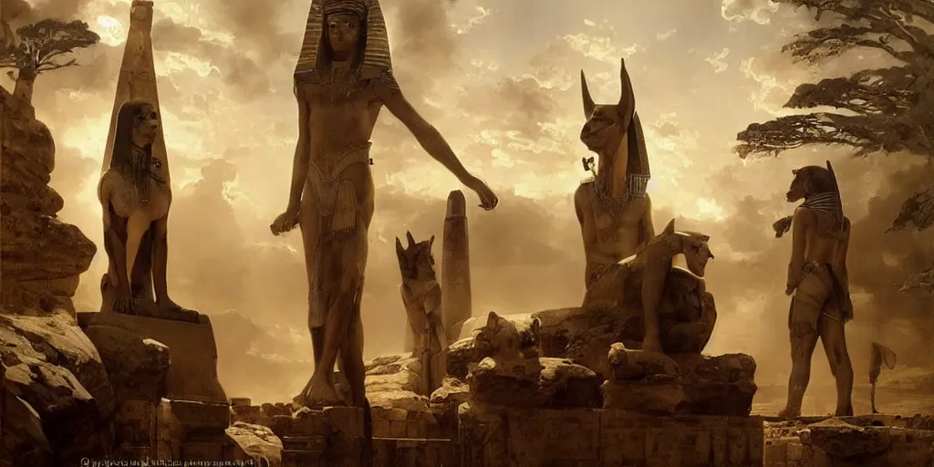 Image similar to beautiful landscape oil matte painting, of ancient egyptian giant satue of anubis, art by anders zorn, wonderful masterpiece by greg rutkowski, beautiful cinematic light, american romanticism, by thomas lawrence, greg rutkowski