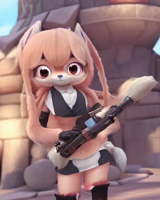 Image similar to female furry mini cute style, highly detailed, rendered, ray - tracing, cgi animated, 3 d demo reel avatar, style of maple story and zootopia, maple story gun girl, fox from league of legends chibi, soft shade, soft lighting