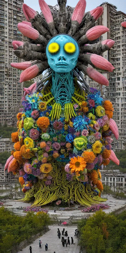 Image similar to colossal psyhedelic alien predator flower made from worst unfulfilled mankind projects in the middle of abandoned post soviet constructivist cityscape, Stalinist architecture, ultradetailed, Intricate by Niruyoshi Ohrai and Hayao Miyazaki and Josan Gonzalez and Makoto Shinkai and Giuseppe Arcimboldo and Wes Anderson
