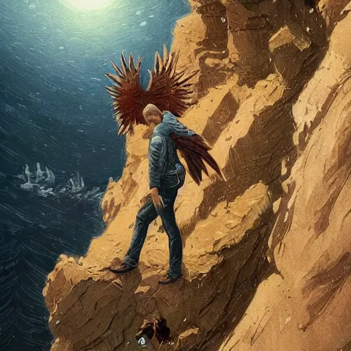 Image similar to angel protecting man falling from a cliff, detailed intricate ink illustration, happy atmosphere, detailed illustration, hd, 4k, digital art, overdetailed art, by greg rutkowski, by loish, complementing colors, Trending on artstation, movie poster style