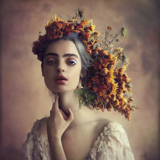 Image similar to fine art photo of the beauty goddess yael shelbia, she has a crown of dried flowers, by oleg oprisco