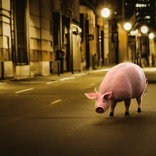 Prompt: award - winning hyperdetailed photograph of a giant!!!!!! pig walking across a city, 4 k, 8 k, high quality