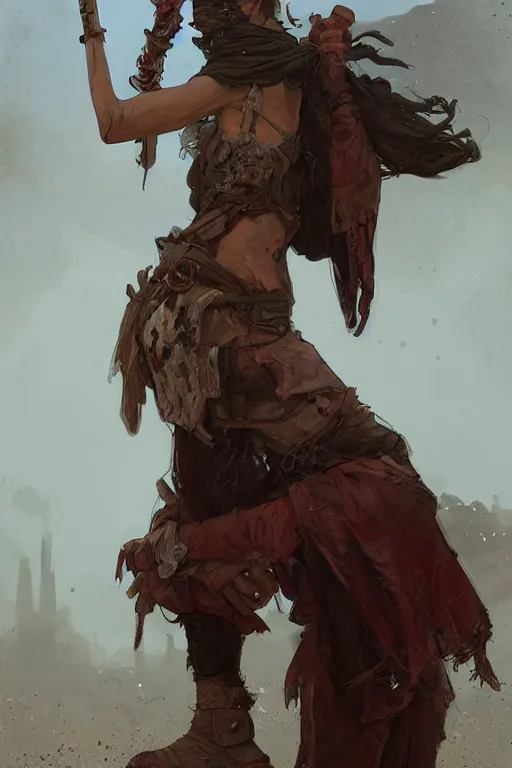 Image similar to a full body portrait of a beautiful post apocalyptic offworld quarter bedouin blind pulp fiction scarlet wild rogue barbarian leper begging by the roadside, intricate, elegant, highly detailed, digital painting, artstation, concept art, smooth, sharp focus, illustration, art by krenz cushart and artem demura and alphonse mucha