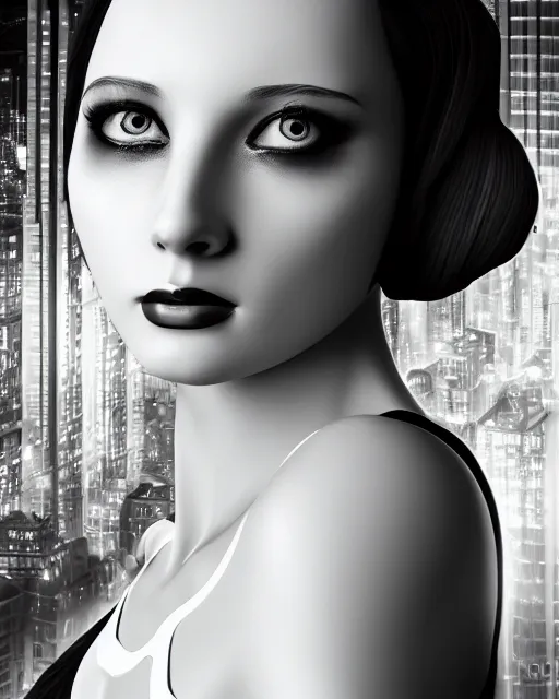 Image similar to black and white dreamy young beautiful female artificial intelligence, metropolis, cinematic, rim light, bokeh, photo - realistic, elegant, high detail, 8 k, masterpiece, photo taken in 1 9 3 0