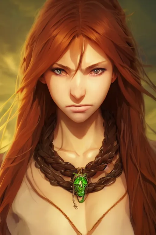 Image similar to long ginger hair, tanned woman in a prehistoric outfit, green eyes, fang necklace, by artgerm, hair tied in a ponytail, white backdrop, soft lighting, night time, by greg rutkowski makoto shinkai takashi takeuchi