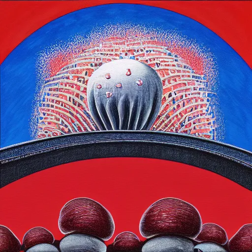 Image similar to detailed painting of a red, white and blue nuclear explosion in a city on the fourth of july in the style of m. c. escher, junji ito and beeple, patriotic, mushroom cloud, american flag, 8 k resolution, metal shaded