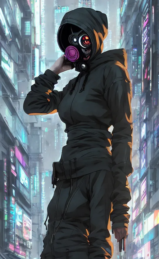 Image similar to cyberpunk anime girl in hoodie, cyberpunk gas mask, 3 / 4 shot, street night, grafity, beautiful face, grafity, arcane, action, tokyo street, detail, good face, pose model, concept art, in style of yoji shinkawa, pan ren wei, col price, atey ghailan, by greg rutkowski, aesthetic