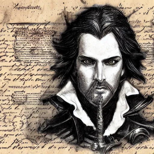 Prompt: Drawing of Male Victorian Gothic Pirate on vintage parchment paper, hd, intricate, bloodborne, 8k, digital art