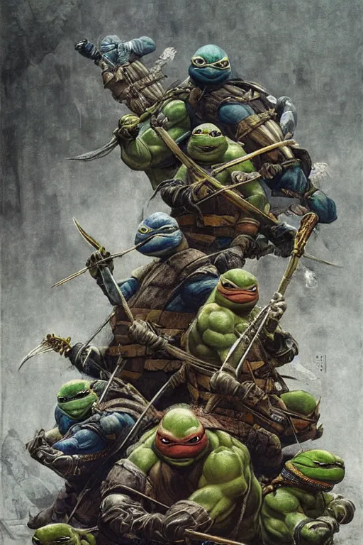 Prompt: portrait of a ninja turtles across the ages l, frazetta themed, in style of Valentin Serov, in style of Ruan Jia, insanely detailed and intricate, golden ratio, elegant, ornate, luxury, elite, matte painting, cinematic, cgsociety, James jean, Brian froud, ross tran, Laputa