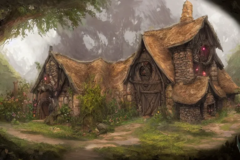 Image similar to A wizards cottage deep in the faywild, D&D concept art, artstation