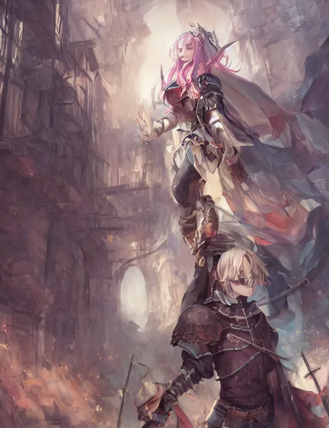 Image similar to scenic wide angle portrait of a teenage girl in town center, confident knight's outfit, anime in fantasy style, trending artwork, painted in anime painter studio, by anato finstark, tony sart, marc simonetti and an anime artist, collaboration