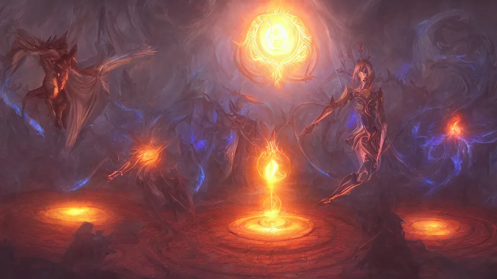 Prompt: mages in circle summoning from the evil realm. lighting, flux. fantasy, digital painting, hd, highly detailed.