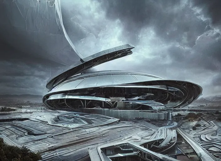 Prompt: cult of technology, metal brain, exterior, scifi, machines, artificial intelligence, ribbon chapel!!!, ultra realistic, highly detailed, futuristic landscape, beautiful, city, utopian architecture, drone point of view, atmosphere, masterpiece, epic lighting, bright, cinematic, art by jan urschel and neil blevins