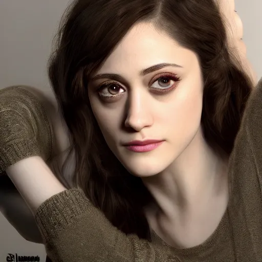 Image similar to green eyes Emmy Rossum, realistic, photo studio, HDR, 8k, trending on artstation