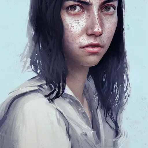 Image similar to Portrait of a woman by Greg Rutkowski, she is about 30 years old, middle eastern features, freckles, black straight hair, attractive, annoying sister vibes, she is wearing blue utilitarian jumpsuit, highly detailed portrait, digital painting, artstation, concept art, smooth, sharp foccus ilustration, Artstation HQ.