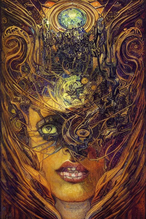 Prompt: Intermittent Chance of Chaos Muse by Karol Bak, Jean Deville, Gustav Klimt, and Vincent Van Gogh, enigma, destiny, fate, unearthly gears, otherworldly, fractal structures, arcane, prophecy, ornate gilded medieval icon, third eye, spirals