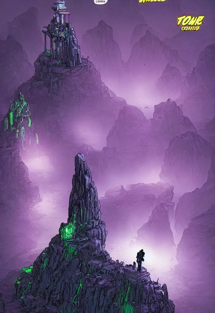 Image similar to A comic book cover of an android with glowing features and back to the camera, looking across a vast chasm and old rope bridge. On the mountain facing him is a crystal temple with a tower glowing in the fog, grand scale, stylized, purple and green