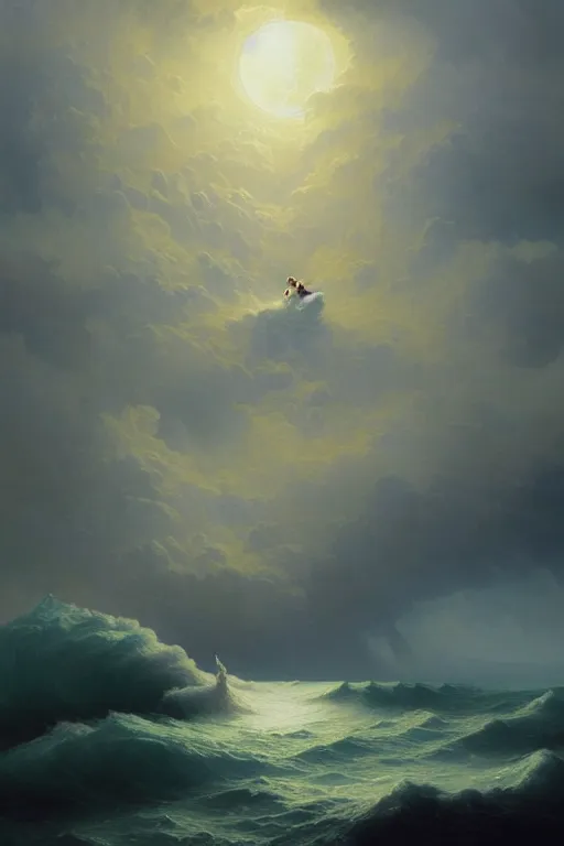 Prompt: A stunning detailed deity emerging from a stormy ocean by Ivan Aivazovsky, Peter Mohrbacher , Greg Rutkowski, digital painting, beautiful lighting, full moon, detailed swirling water tornado, artstation