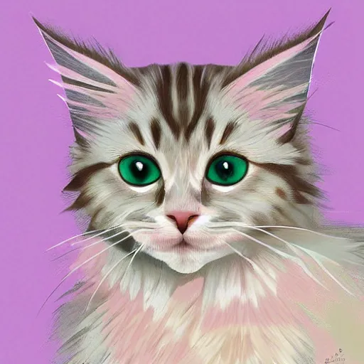 Prompt: a cream-colored maine coon kitten, digital art, geometric shapes and pastel colors explore the relationship between positive and negative space, as well as the tension between flatness and depth.