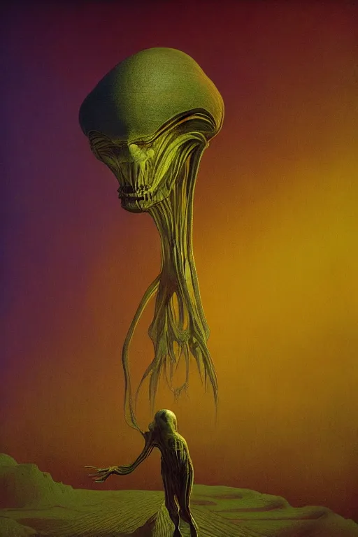 Prompt: the scariest alien dream you ever had, digital painting, vivid color, complementary color, detailed, sharp lines, sharp focus, intricate, rainbowshift, by maxfield parrish, zdzisław beksinski, h. r giger, james gurney, deviantart, 1 6 k, octane render