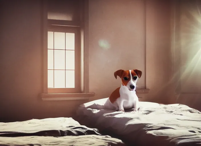 Image similar to photography of a Jack Russel . watching outside the window. on a bed. in a vintage room full of vinyls and posters.,volumetric light, photorealistic,, award winning photo, 100mm, sharp, high res