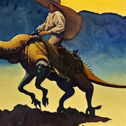 Image similar to a watercolor painting of a cowboy riding a dinosaur in the style of n. c. wyeth and in the style of james gurney.