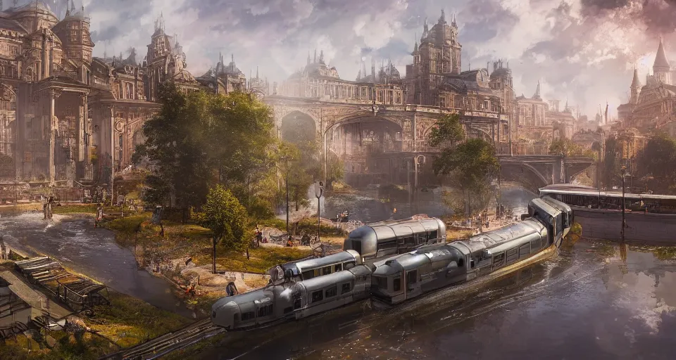 Image similar to An urban train rides inside of a waterway on a fantasy city, next to a fountain and a mystical palace,, hyperdetailed, artstation, cgsociety, golden hour 8k