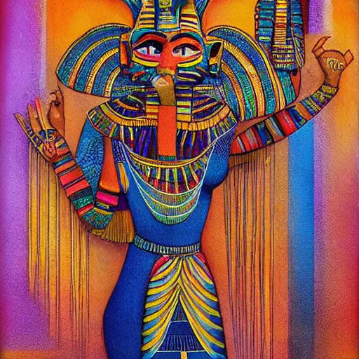 Image similar to hybrid mix of egyptian and tribal dance theme, art by jeff lyons, surrealism