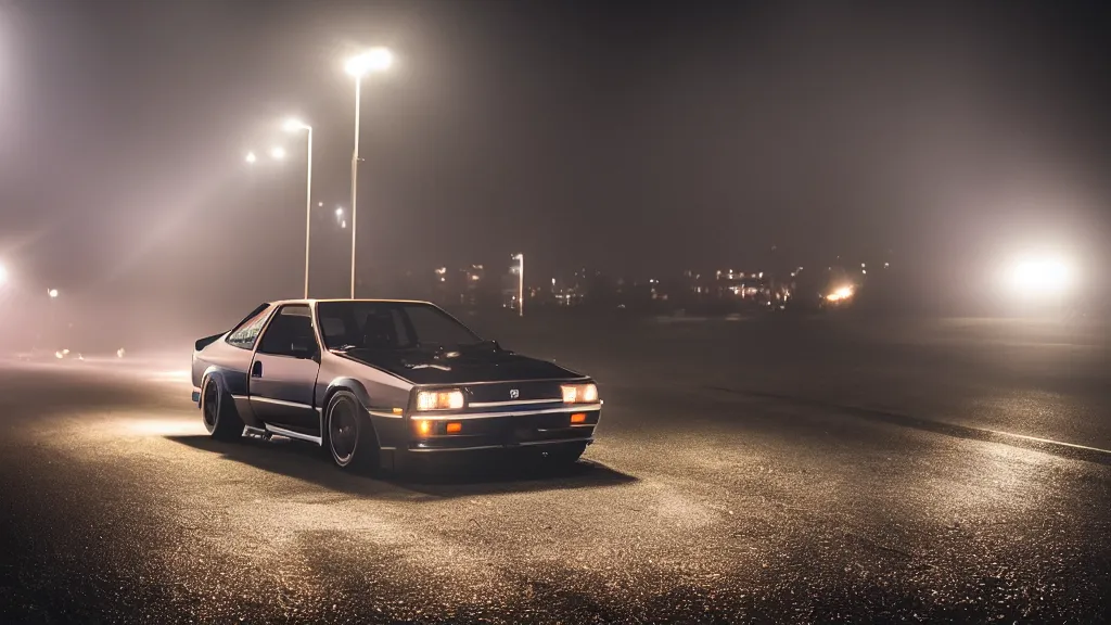 Image similar to a trueno ae 8 6 with pop up headlights, cinematic, long exposure, white balance, 8 k, led, lumen global illumination, fog, ray tracing reflections