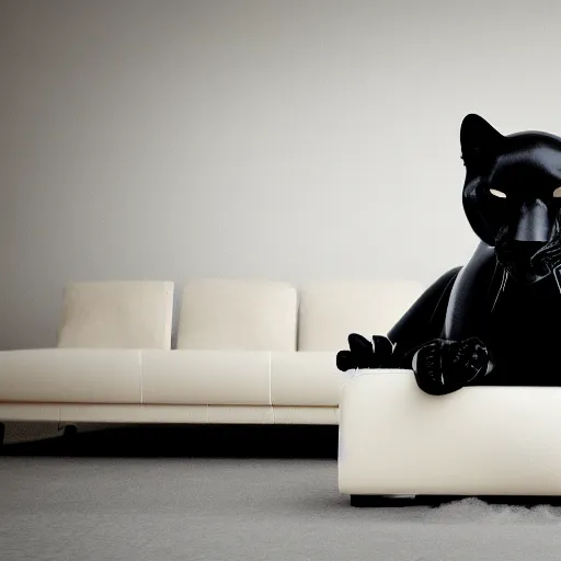 Image similar to a shiny black goo covered panther laying on a white couch in a living room, dripping black goo. digital art, photography, latex, reflective. highly detailed, 4 k, photograph