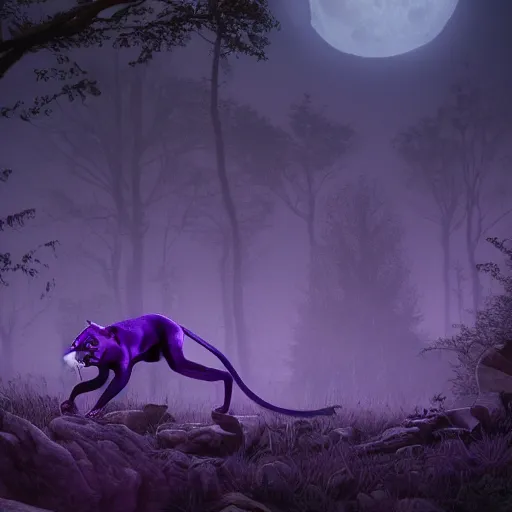 Image similar to a purple panther roaring at the moon in a forest during the night, large moon in the center. trending on artstation. cinematic. photoreal. dark colors. night.