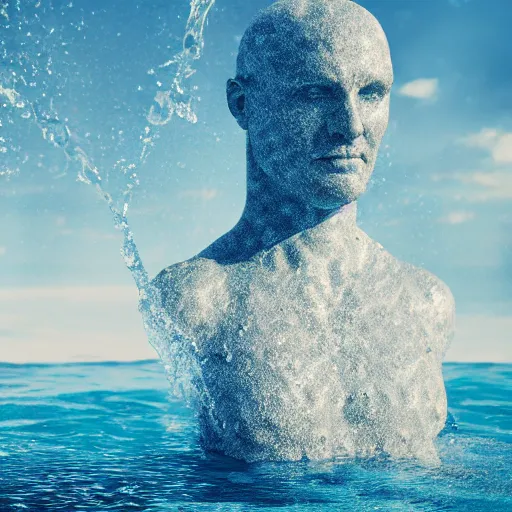 Image similar to water forming a shape of a human head, giant sculpture on the ocean water, water manipulation art, ray tracing, realistic water sharp focus, long shot, 8 k resolution, cinematic