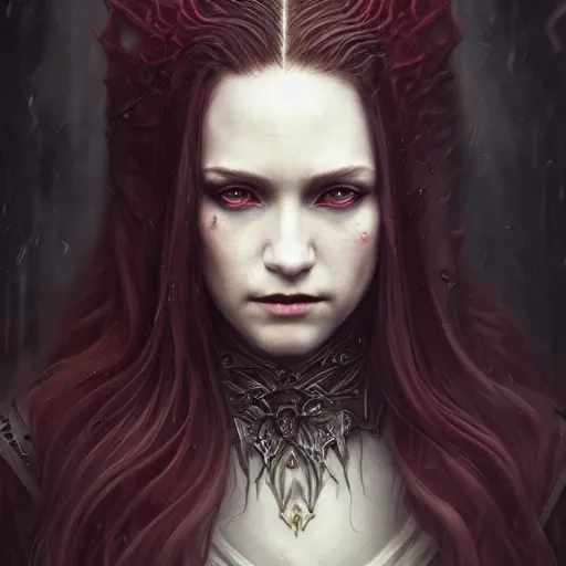 Image similar to Majestic and regal portrait of a female vampire, intricate, epic, elegant, menacing, fantasy, highly detailed, digital painting, hard focus, beautiful volumetric lighting, epic light, ultra detailed, by Leesha Hannigan, Ross Tran, Thierry Doizon, Kai Carpenter, Ignacio Fernández Ríos