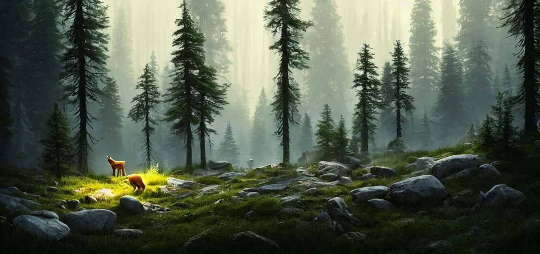 Prompt: beautiful render of a forest world, unreal engine, first light, pine trees, tall firs, rocky slopes, hidden caverns, bear, wolf, deer, fox, rabbits, birds, soft light, by greg rutkowski, cgsociety