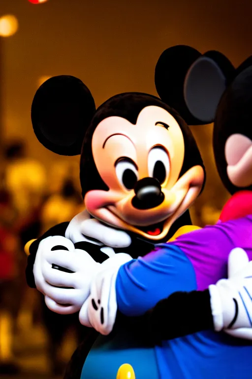 Prompt: tony soprano hugging mickey mouse, extreme bokeh, 7 5 mm