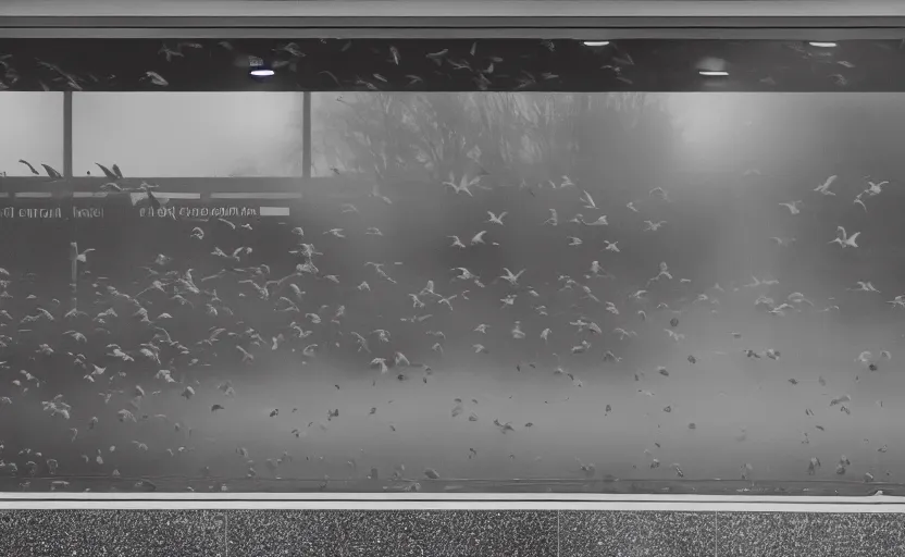 Image similar to cinematic shot of a flock of birds outside the window of the byron travel plaza, moody scene from being john malcovich directed by charlie kaufman ( 2 0 0 1 ), foggy volumetric light morning, anamorphic lenses, kodak color film stock