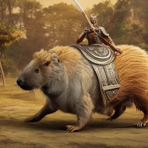 Image similar to fine art matte painting of an anthropomorphic capybara warrior in full intricate armor, ultra detailed, digital art, octane render 4K-H 720