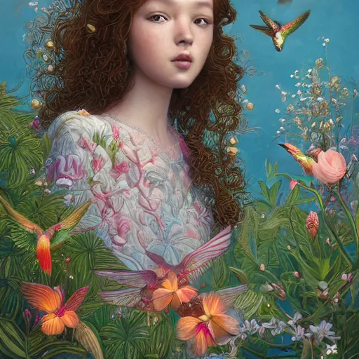 Image similar to bautiful young girl surrounded by hummingbirds and fine floral ornaments, eye - level medium - angle shot, intricate, floral background, by esao andrews, by m. w. kaluta, by yoshita amano, intricate, symmetrical, natural lighting, smooth, 3 d octane render, depth perception, 4 k,, artstation