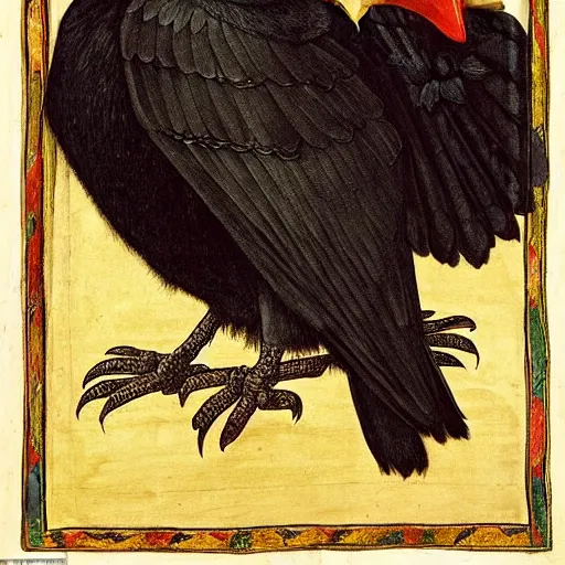 Image similar to a highly detailed portrait of a raven, wearing elegant tudor clothes, inside a room with thick red tapestries, by hans holbein and alessandro allori