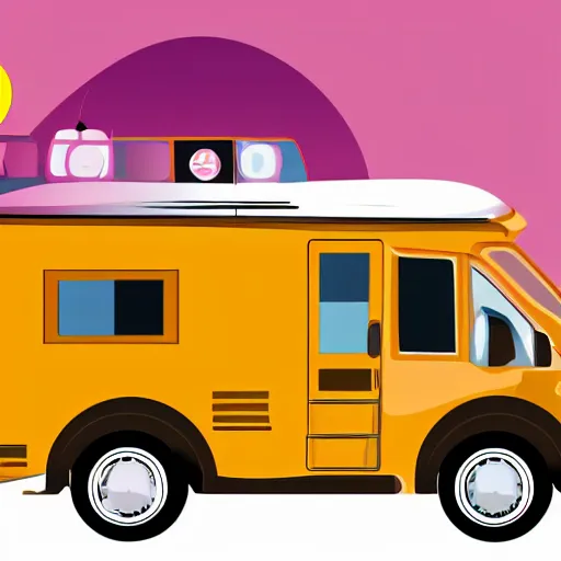 Prompt: stylized vector graphic of a cute class c motorhome driving on a hill in the sunset, professional graphic design