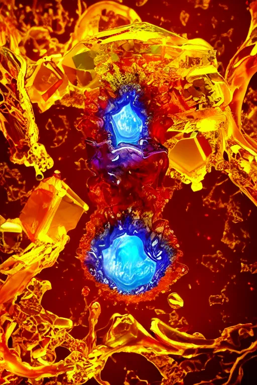 Image similar to A single elemental fire crystal glowing with power, burning hot and covered in flowing fluid art. Magic Stone. Ruby Stone. Liquid Gold. Crystal structure. Glowing Hot. Spirals. Melting. Intricate. Hyper Real. 4K. Octane Render. Empty Background. Black Background.