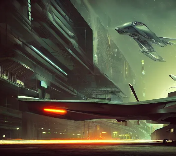 Image similar to futuristic sci fi jet lands at runway of cyberpunk city, night photo ,dark cinematic lighting , digital concept art, bladerunner 2049